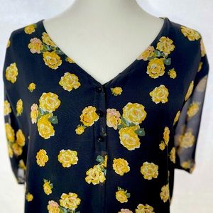 LOFT | Black & Yellow Floral Pattern Blouse with V-Neck - EUC | Size XL